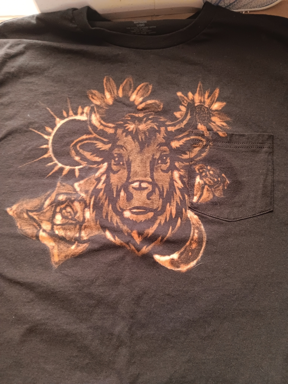 Black Graphic Tee with Bleach Sunflower and Cow Design
